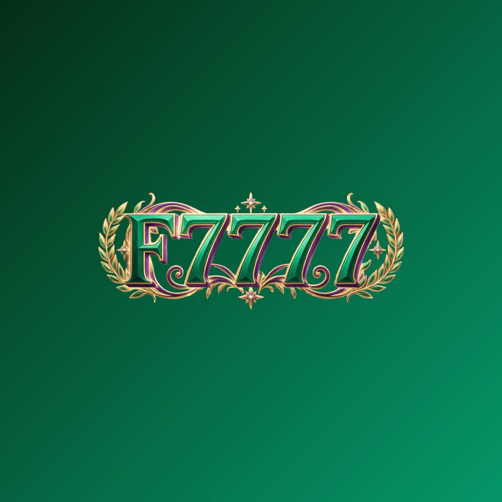 Luxury colorful F7777 logo with bold serif typography in rich emerald, violet, and gold palette featuring elegant glowing ornaments, designed as a premium horizontal rectangular wordmark logo on a transparent background