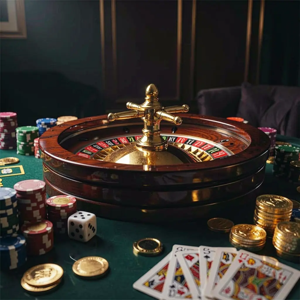 F7777 premium casino homepage featuring a roulette wheel spinning on a glossy table surrounded by poker chips, dice, cards, and golden coins against an elegant dark background with cinematic lighting